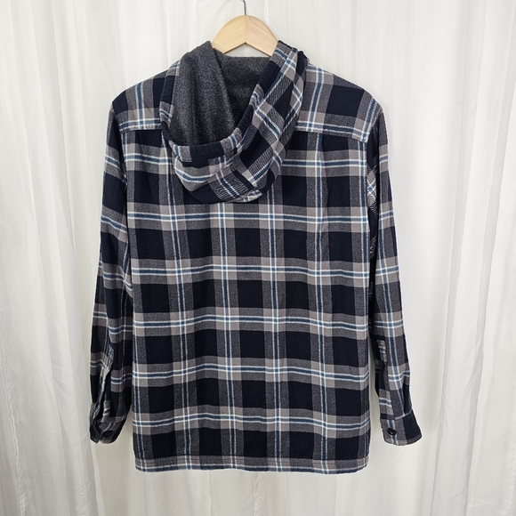 L.L.Bean Traditonal Fit fleece lined hooded jacket navy and gray plaid Small - Picture 3 of 8